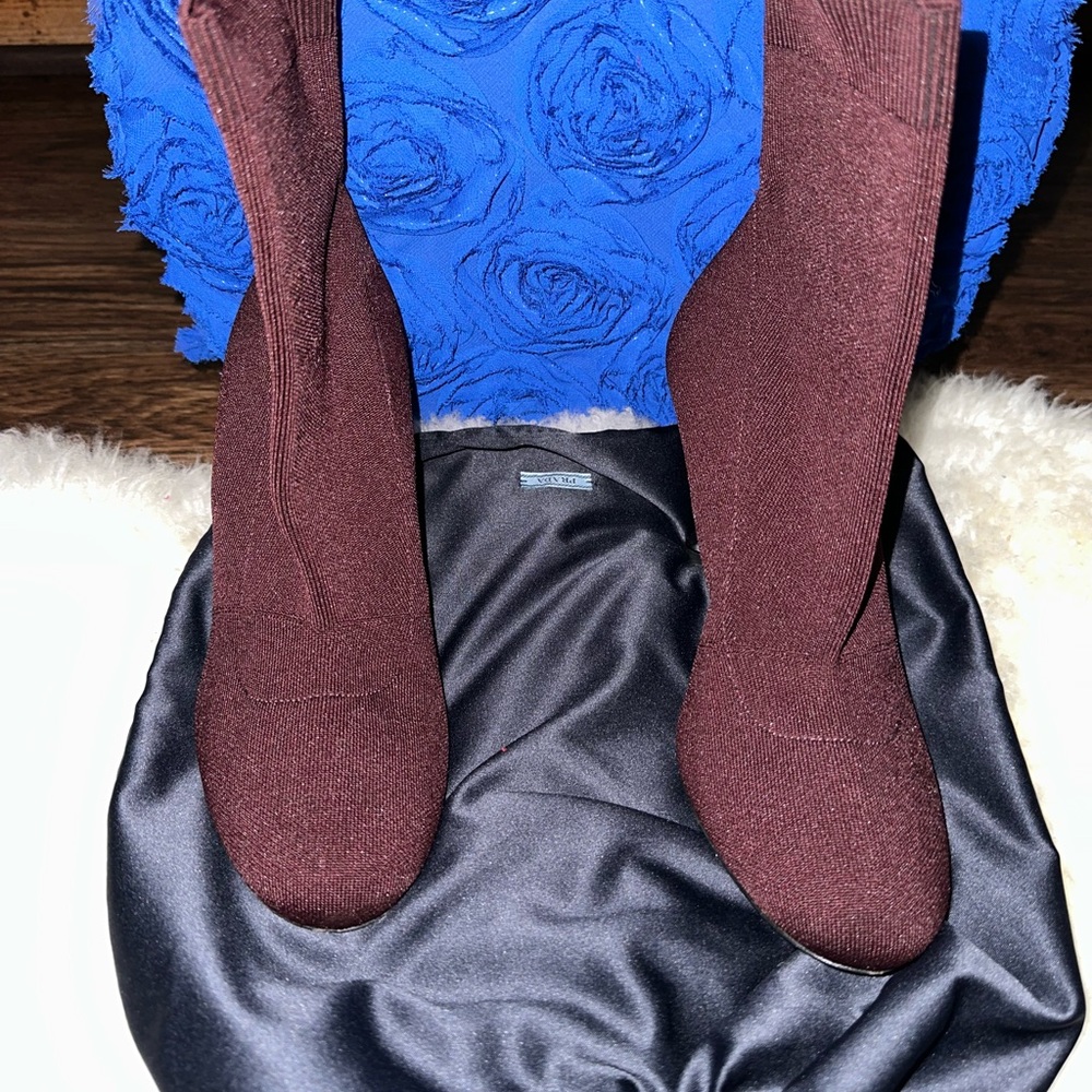 - [ ] Prada Logo Sock Ankle Boots- burgundy  size 38 .The heel height is